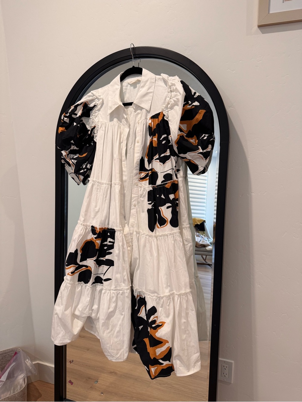 White Tiered Dress with Black & Brown Floral Print